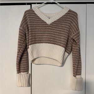 Pink Republic Women’s V-Neck Cropped Sweater - Cream and Brown Size S
